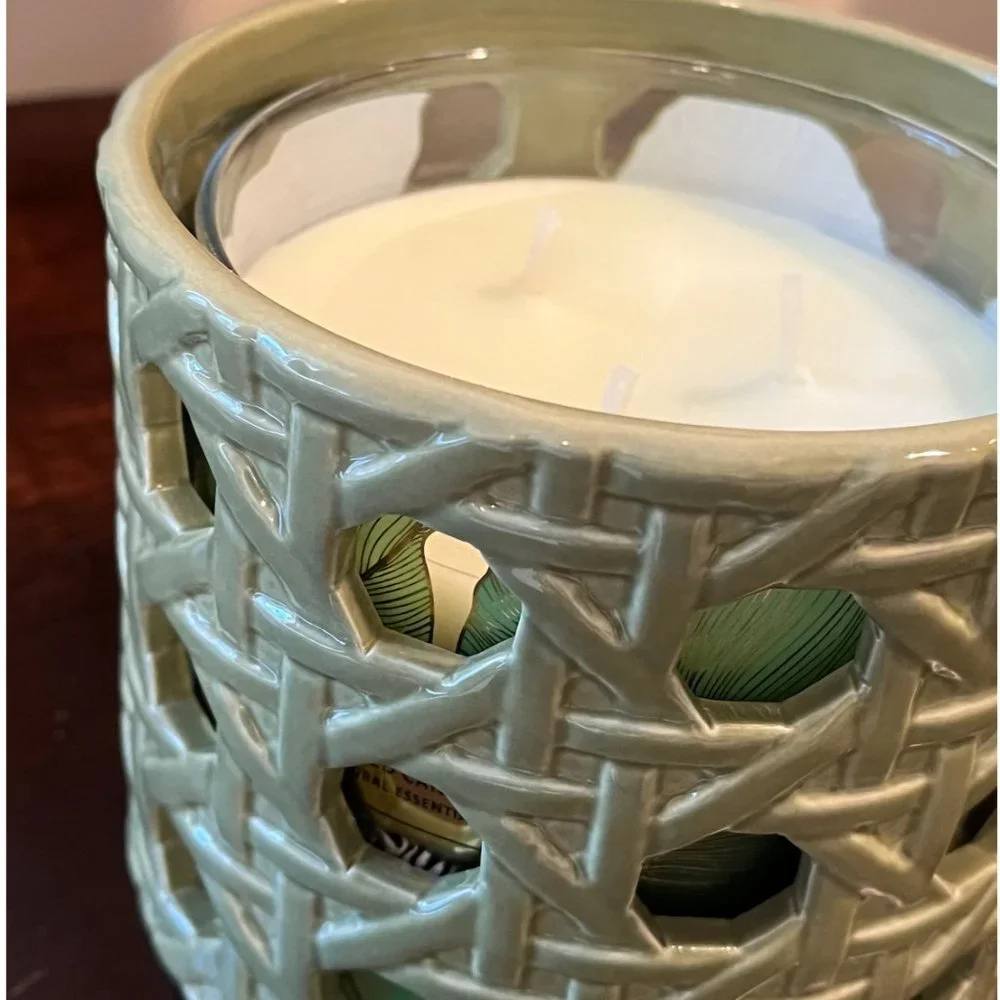 NWOT Green Ceramic Basketweave Candle Sleeve, Holder Sonoma Goods For Life®